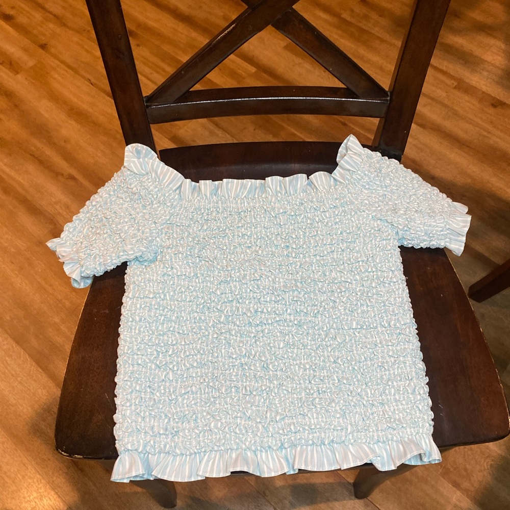 Petersyn Top Womens Medium Blue Smocked Cropped Stretch Casual Ruffle Ladies